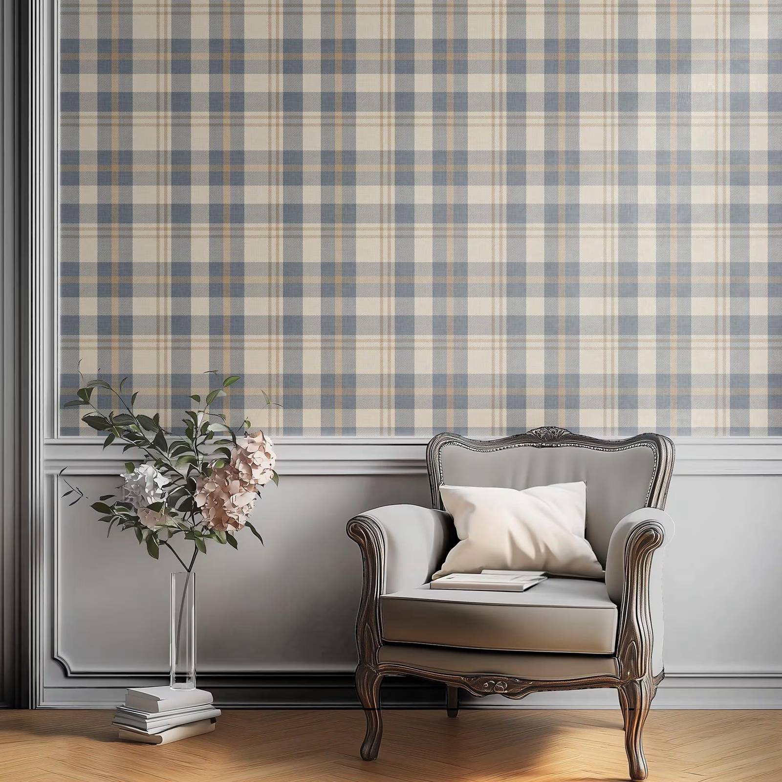 Interior Design Scandinavian - Neutral Blue and Beige Plaid Wallpaper,Rustic