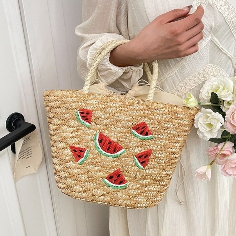 Interior Design Style - Embroidery String Straw Tote Bags Coconut