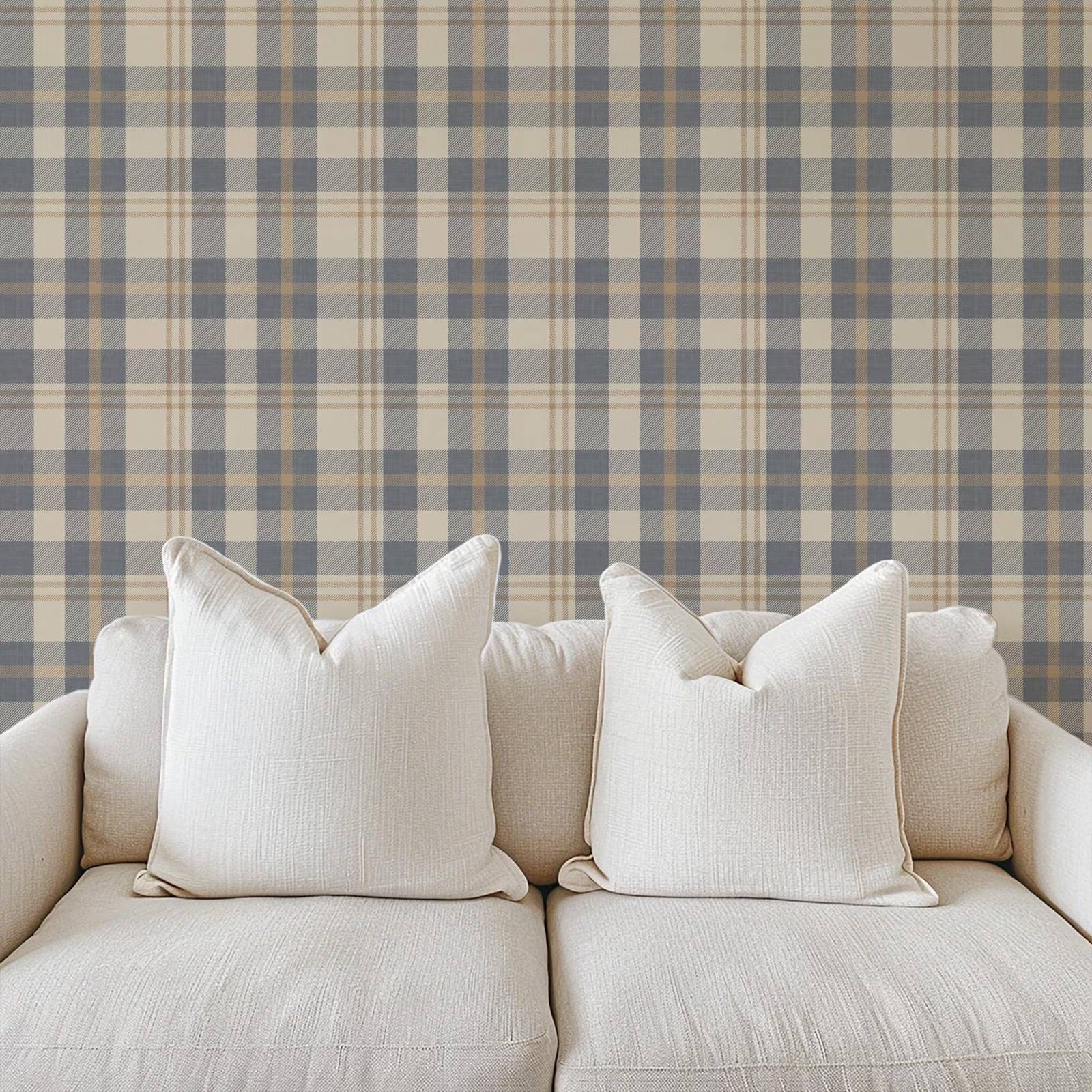 Neutral Blue and Beige Plaid W - Interior Design Scandinavian 评论和价格