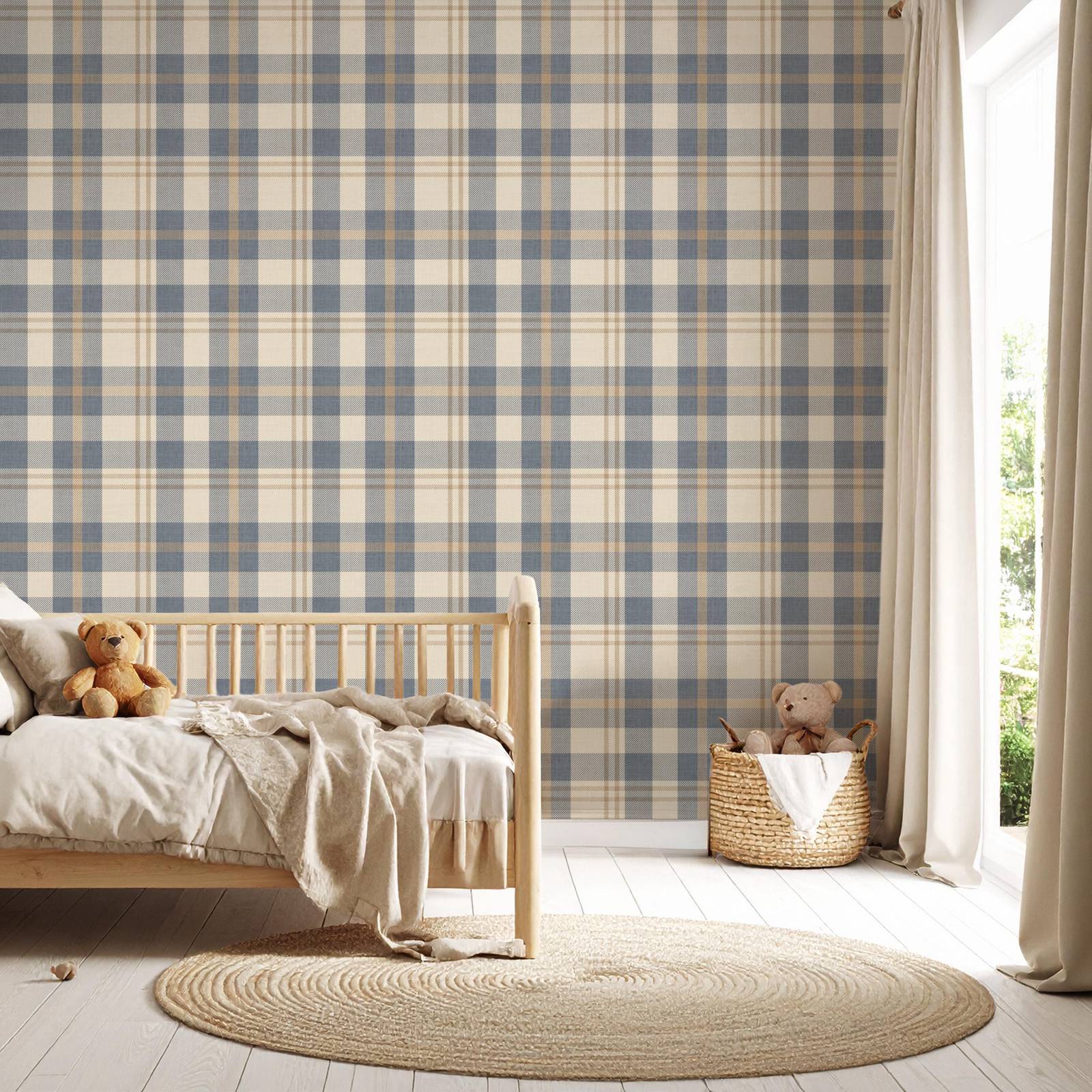 Neutral Blue and Beige Plaid W - Interior Design Scandinavian 评论和价格